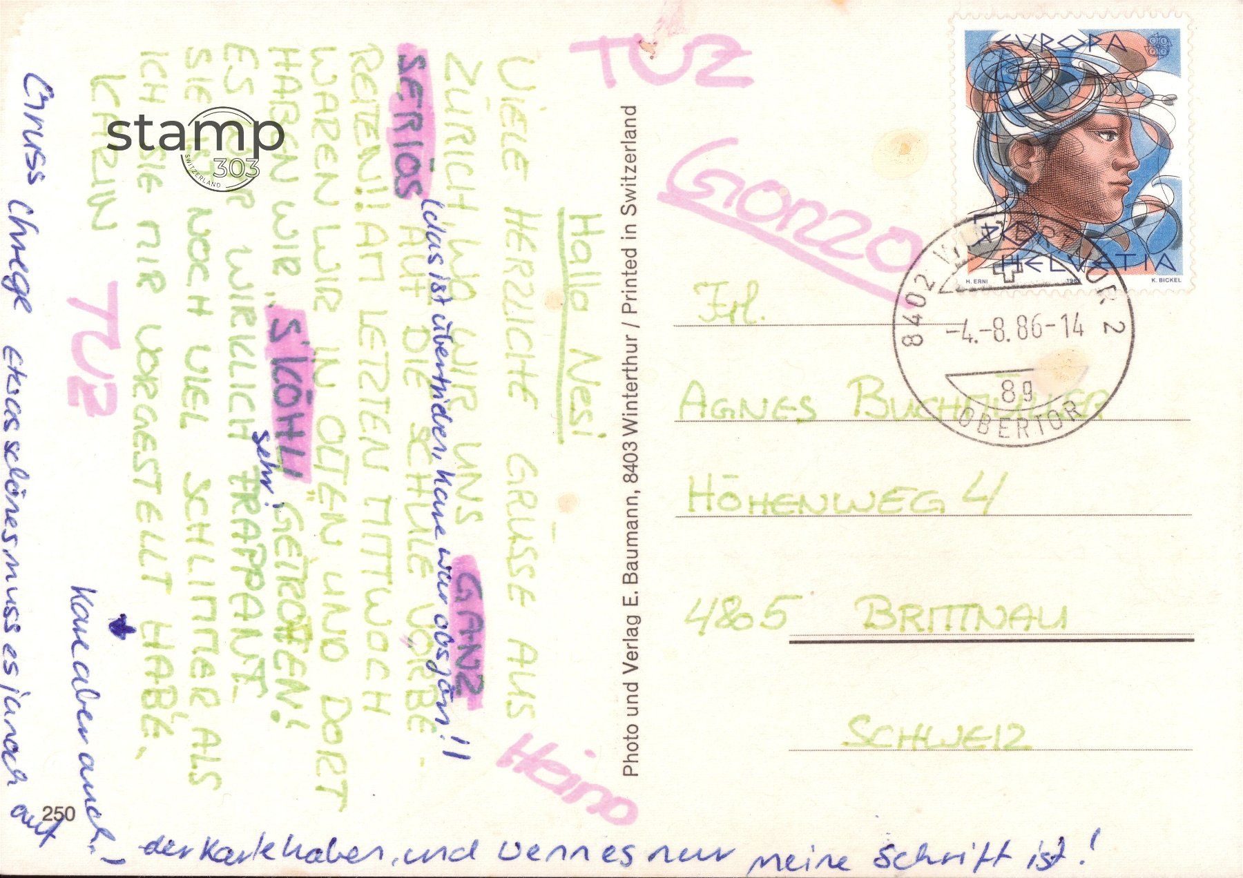 Ansichtskarten: 1986 AK Zürich – Gebraucht aus Eggersriet von stamp303 1