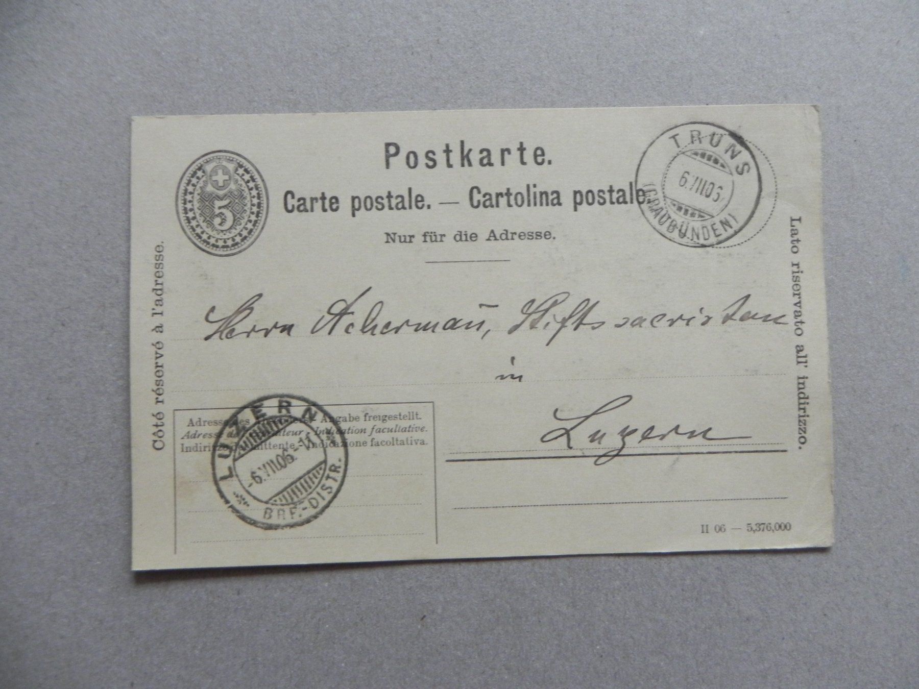 Cartoline postali: Truns Graubünden GR Post Stempel 1906 – Usato da Siebnen venduto da krimsie