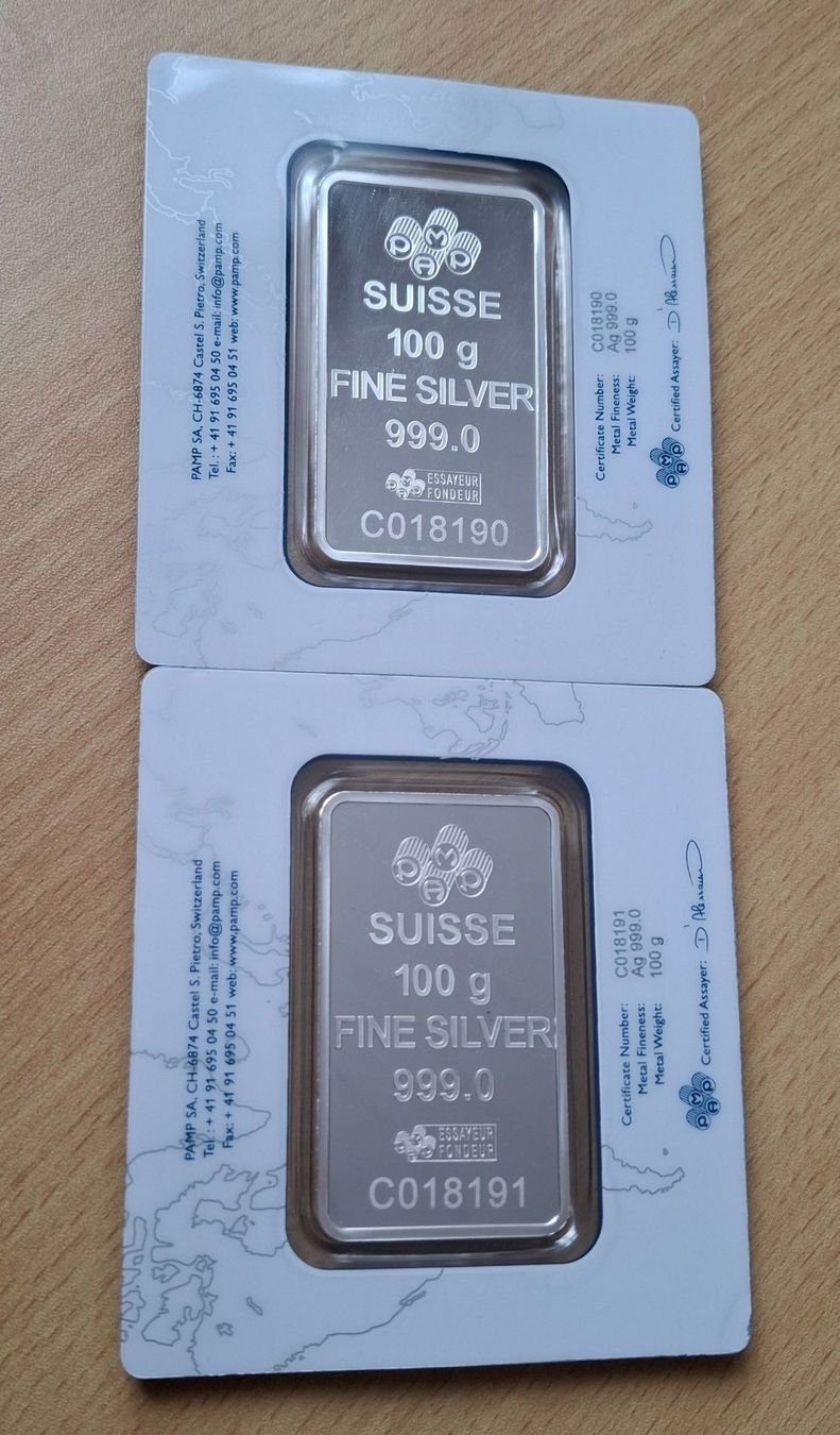 Pamp Metalli preziosi: 2 X 100 GRAMM SILBERBARREN – Nuovo e nell'imballaggio originale da Siglistorf venduto da Winer03