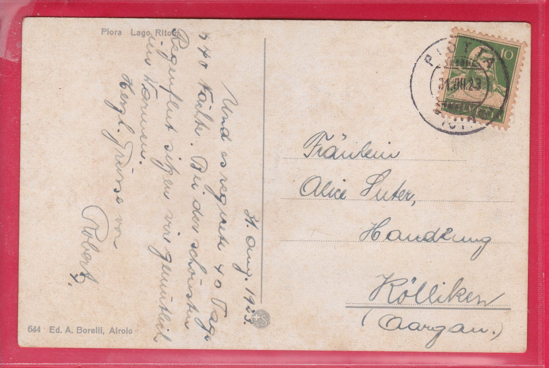 Cartoline postali: PIORA, LAGO RITOM, 31.8.1923 – Usato da Oberrieden venduto da Gebirgsstelze 1