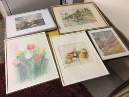 5 Aquarelle, gerahmt,Stilleben, Landschaft, Blumen….