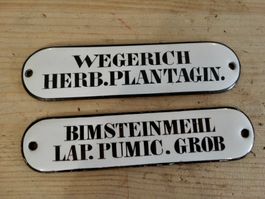 2x antikes Emailschild Schubladenstock Apotheke Kräuter etc