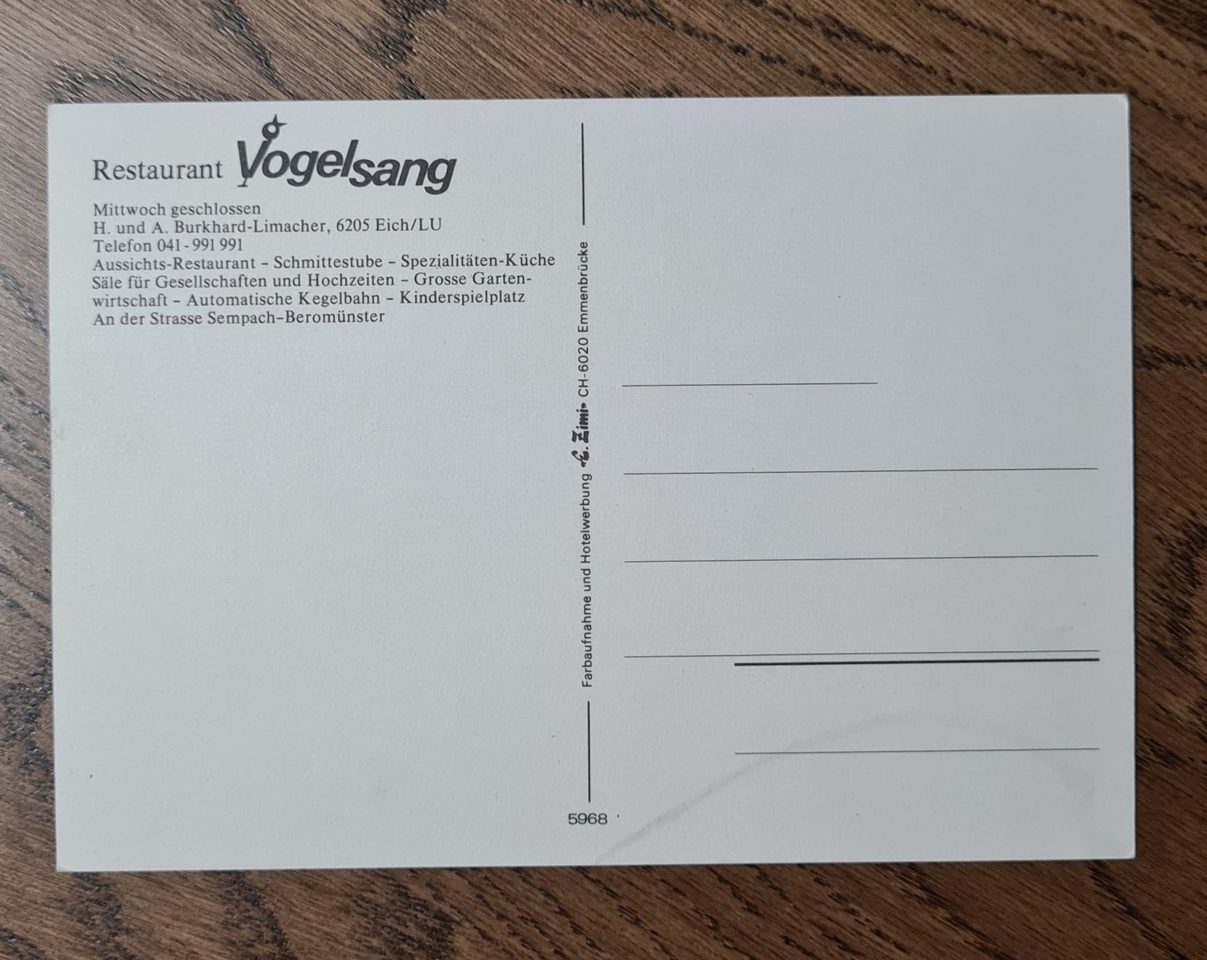 Cartoline postali: Werbekarte Restaurant Vogelsang, Eich – Usato da Ebikon venduto da Donar50 1
