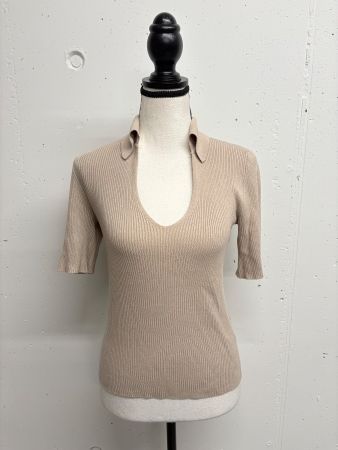 Object Feinstrick Shirt Gr. XS beige Kragen Poloshirt