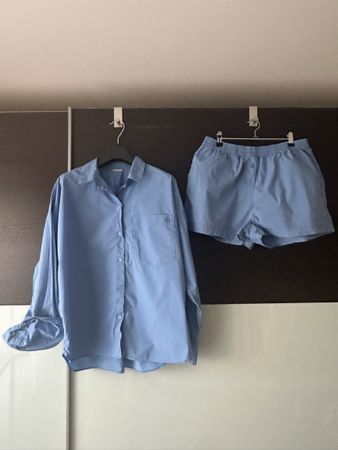 Damen Zweiteiler Hemd und Shorts hellblau Baumwolle