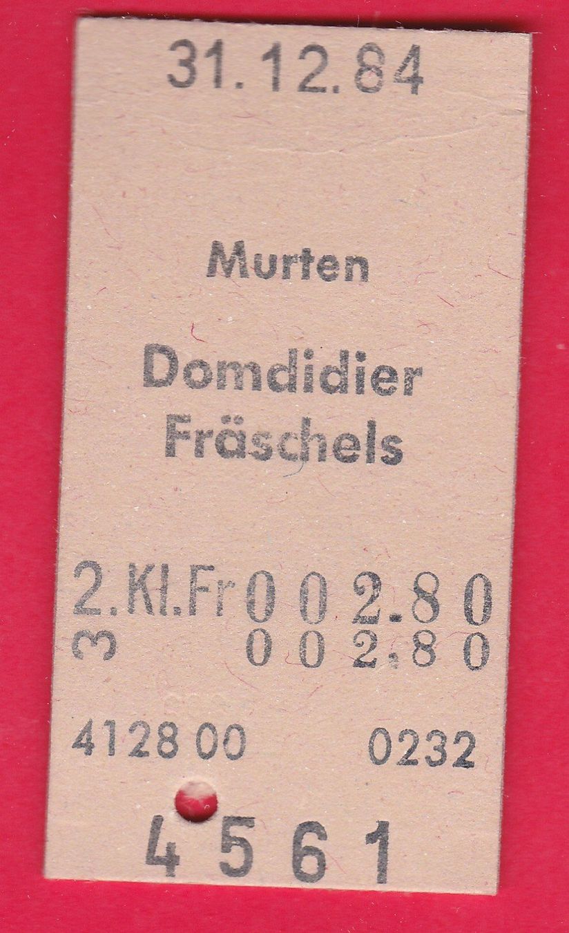 Biglietti: KARTON BILLETT, MURTEN - FRÄSCHELS, 2.KLASSE, EINFACH, 1984 – Usato da Oberrieden venduto da Gebirgsstelze