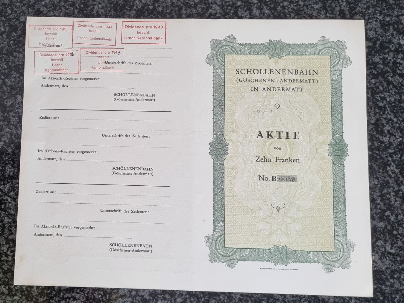 Dokumente: Schöllenenbahn - Aktie CHF 10 - extrem rar! – Gebraucht aus Glis von YL1999 1