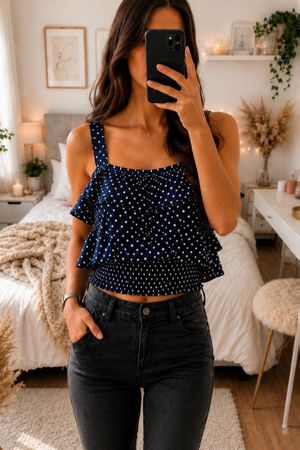 Elegantes Damen Top Schwarz mit Punkten & Volants