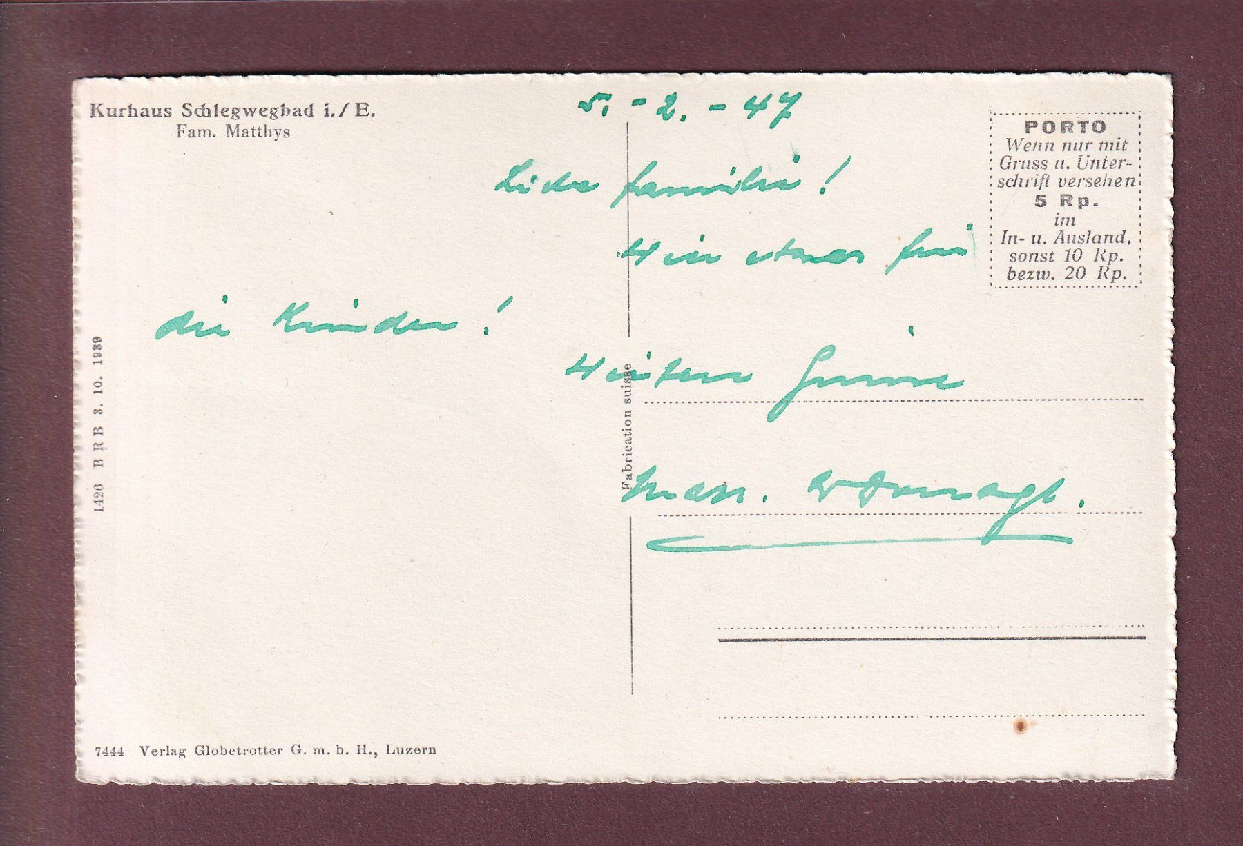 Ansichtskarten: Bei SCHLEGWEGBAD - Niesen - 1947 – Gebraucht aus Pully von nicecards 1