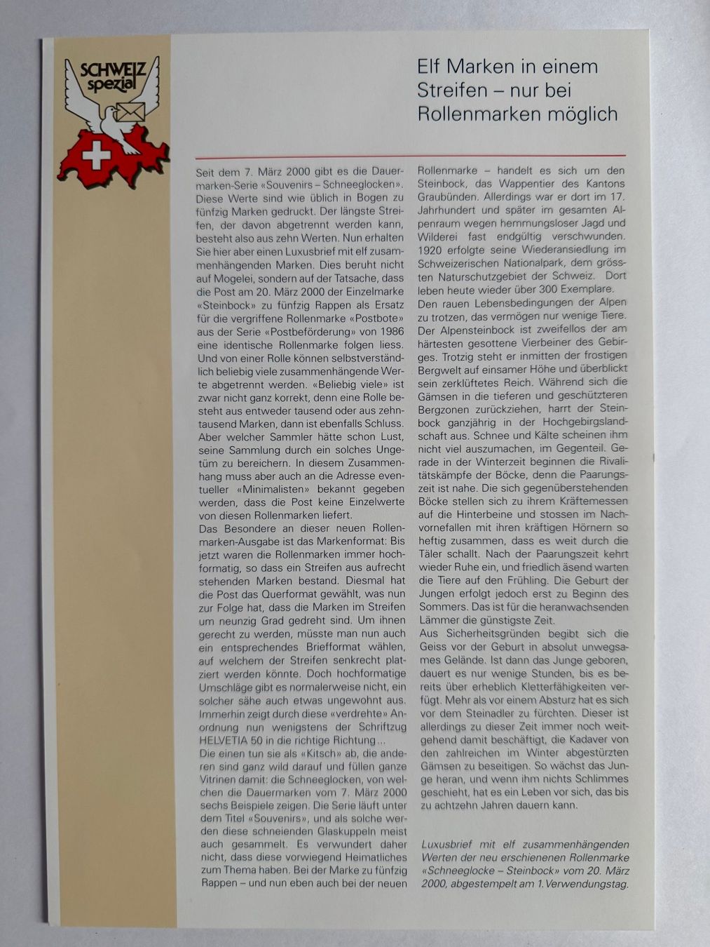 Tutti i francobolli: FDC Grossbrief Rollenmarken Steinbock 2000 (Ortsn.) – Nuovo (secondo la descrizione) da Kirchenthurnen venduto da Scherzengel 1