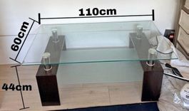 Table basse en verre et bois 110x60 cm, état  impeccable