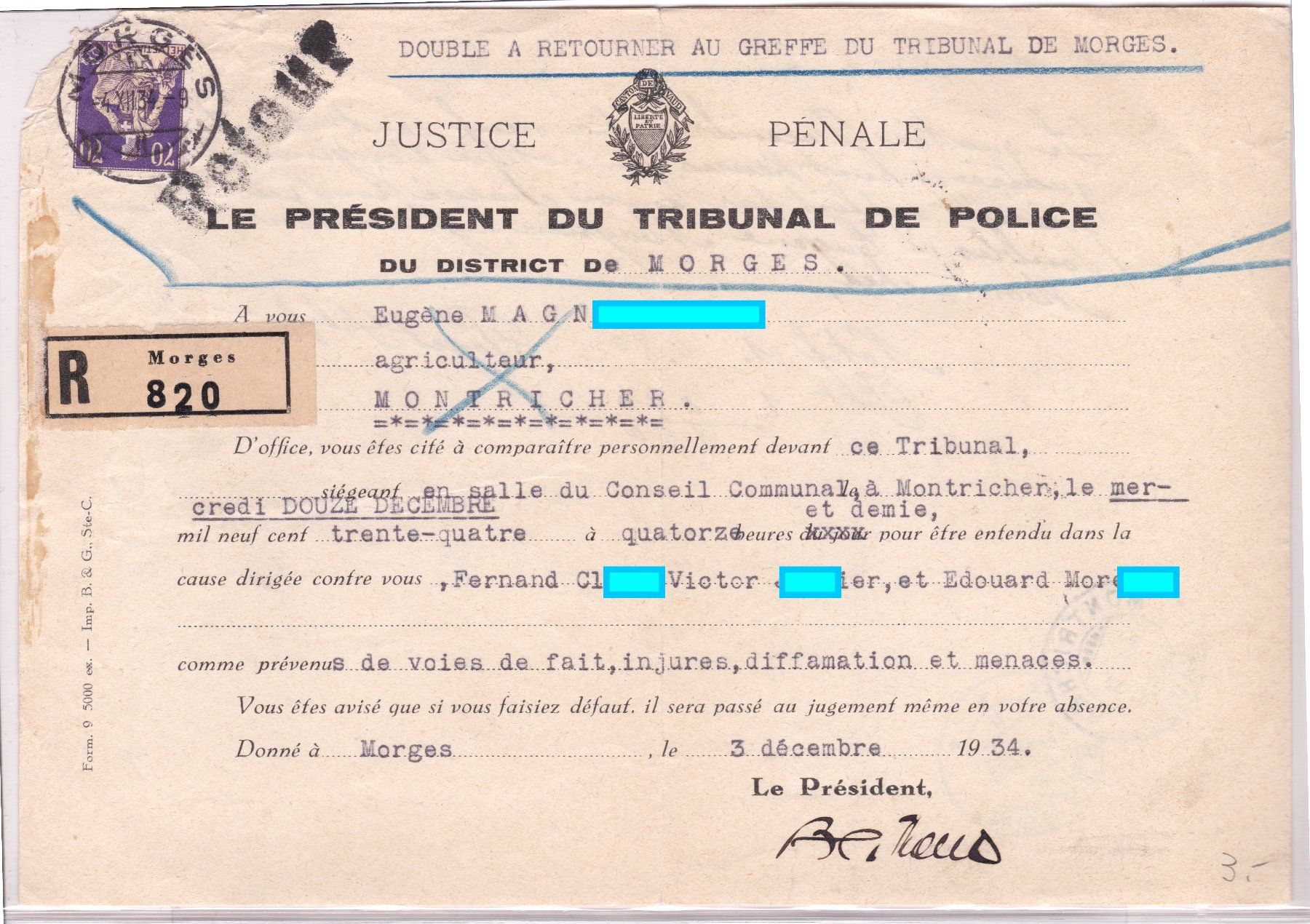 Alle Briefmarken: 1934 Justice Penale Morges VD, Document judiciaire par poste – Gebraucht aus Basel von riobar