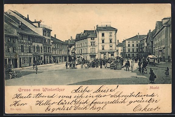 Cartoline postali: AK Winterthur, Markt mit Geschäften – Usato da Berlin venduto da bartko-reher