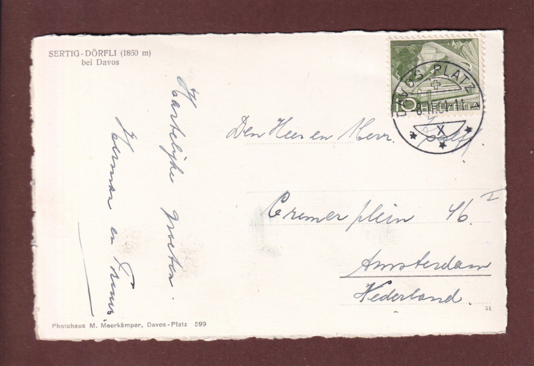 Cartoline postali: Davos - SERTIG-DÖRFLI - 1951 – Usato da Pully venduto da nicecards 1
