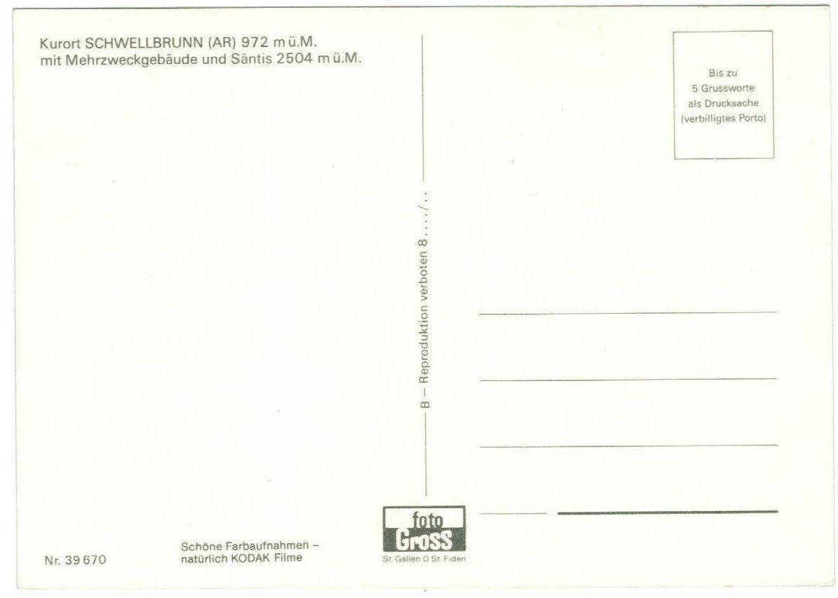 Cartoline postali: AK Schwellbrunn mit Säntis – Usato da Zürich venduto da Tolima194 1