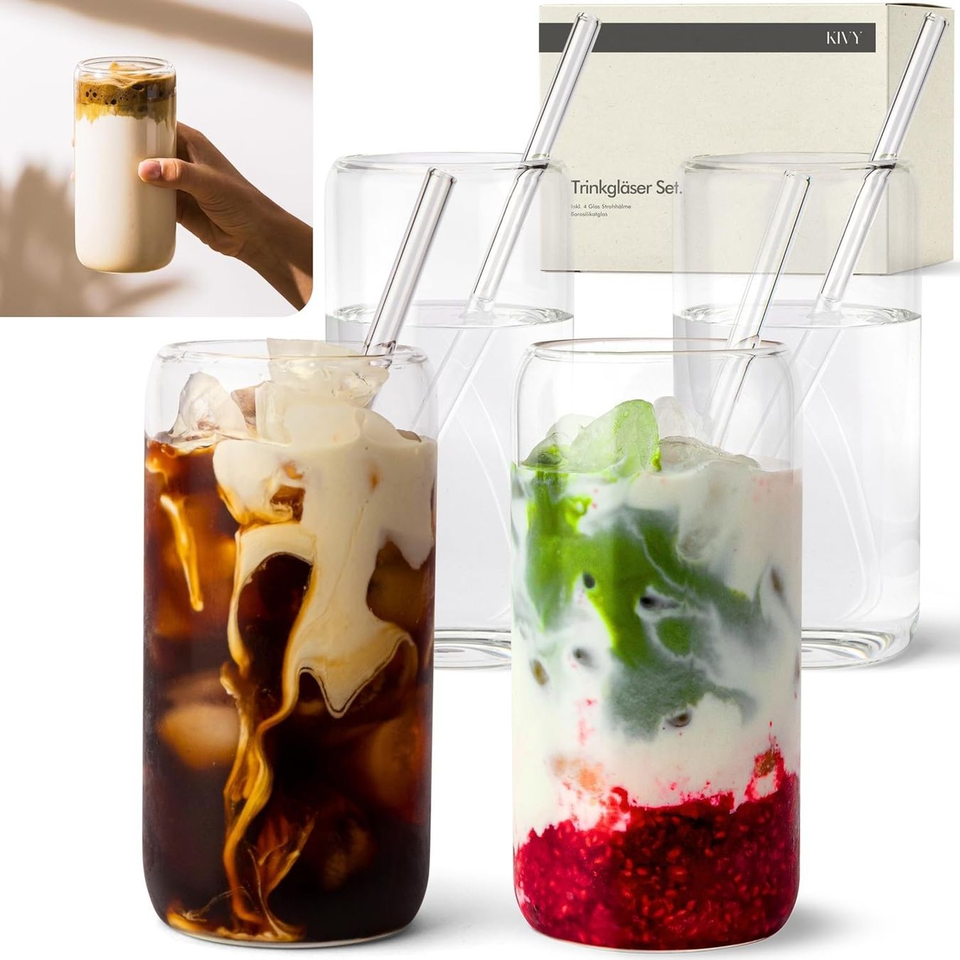 Bicchieri: Trinkgläser 4er Set 450 ml Glas Strohhalm Eiskaffee Matcha – Nuovo e nell'imballaggio originale da Schaffhausen venduto da lou_w76n