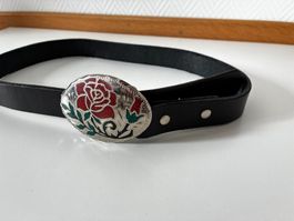 Western Gürtel Schwarz Gr. S – "Texax Rose" Schnalle, Leder