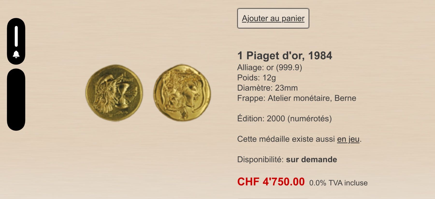 Medaglie: 1 Piaget d’or Hans Erni – Usato da Fleurier venduto da salar 6