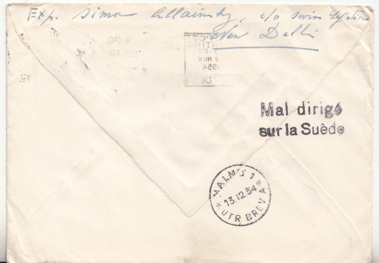 Tutti i francobolli: Brief New Dehli - Bern via Malmö 1954 – Usato da Bürglen TG venduto da StampGraf 1