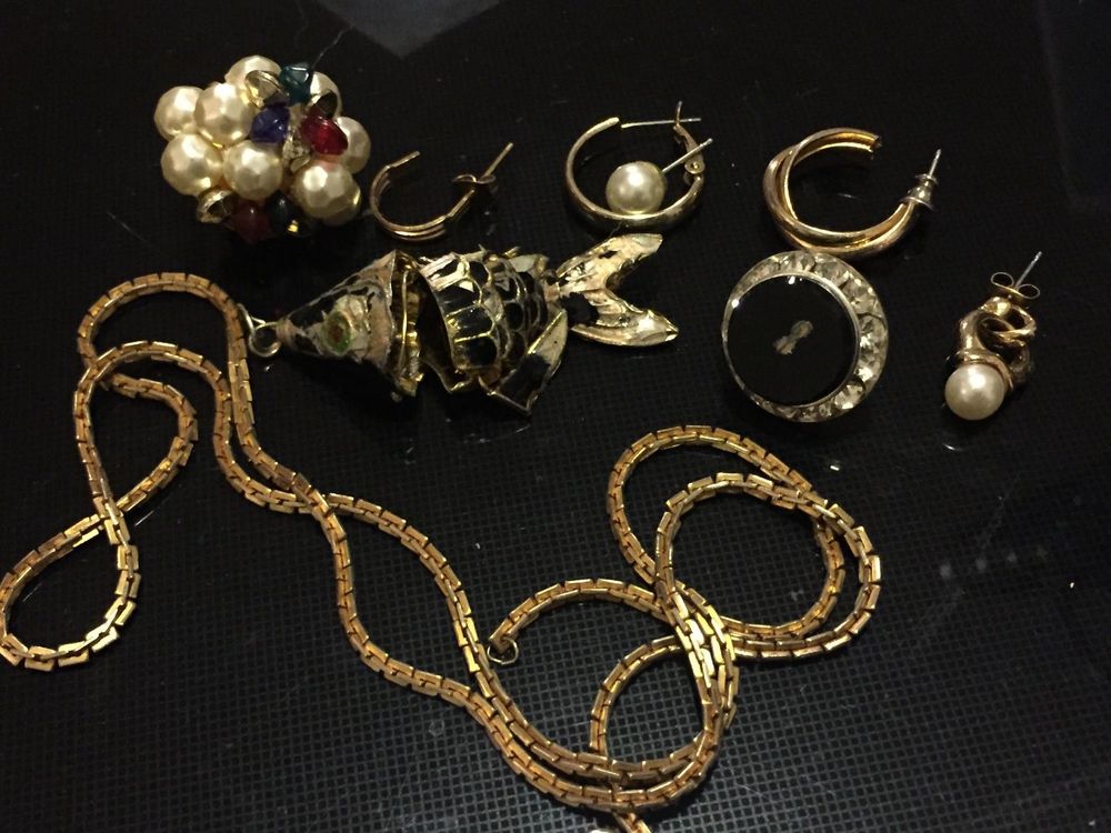 Collier Vintage Fantaisie Femme - Métal Et Résine Noire, Déco Losanges Et Perles, Occasion