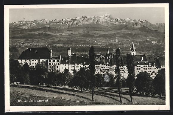 Cartoline postali: AK Wil, Ortspartie mit Säntis, 1934 – Usato da Berlin venduto da bartko-reher