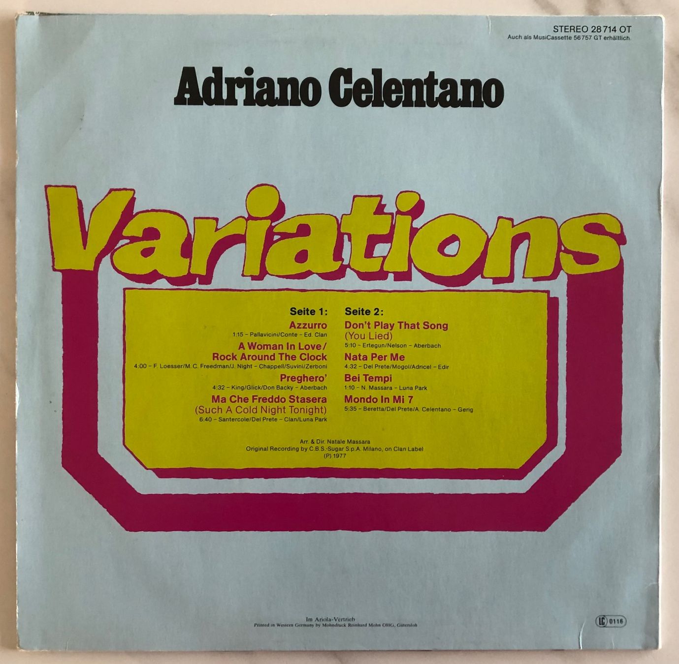 Schallplatten: ADRIANO CELENTANO - VARIATIONS – Gebraucht aus Poliez-Pittet von Newtown-Records 1