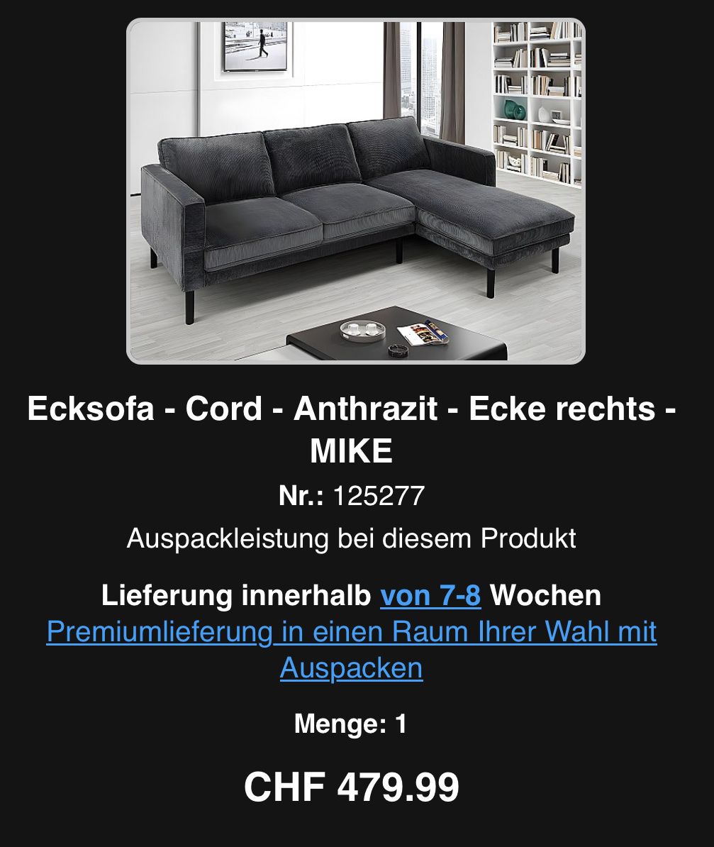 Divani: Ecksofa - Cord - Anthrazit – Nuovo (secondo la descrizione) da Landquart venduto da Dominik070 3