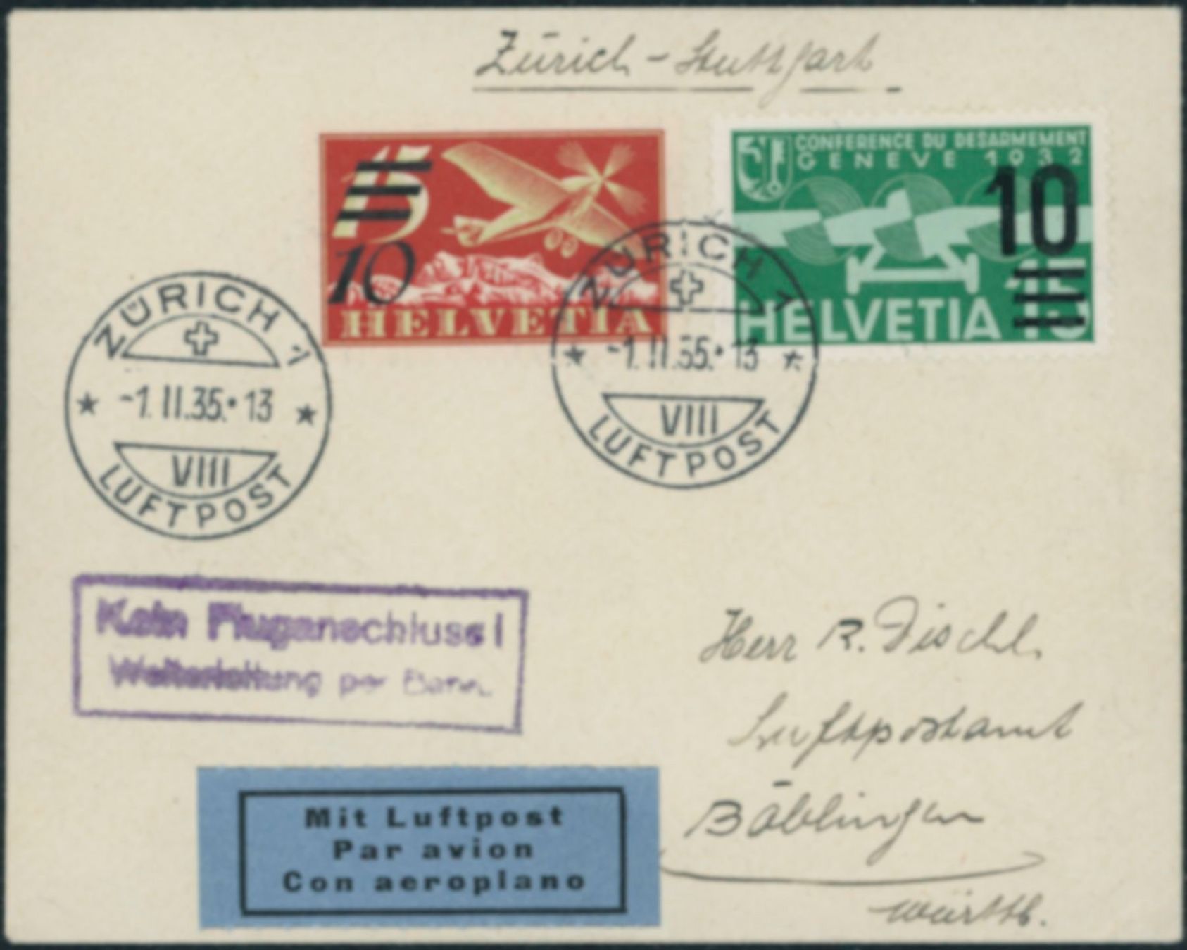 Tutti i francobolli: 1935 - Flugpost - Ersttagsbrief FDC ET – Usato da Schindellegi venduto da leecollect