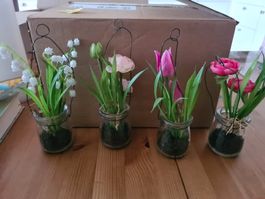 Deko Blumen im Glas mit Drahtaufhängung 4Stk