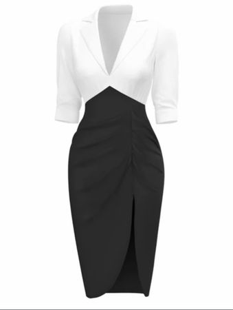 WHITE & BLACK 1960S NOTCHED COLLAR RUCHED BODYCON DRESS gr S