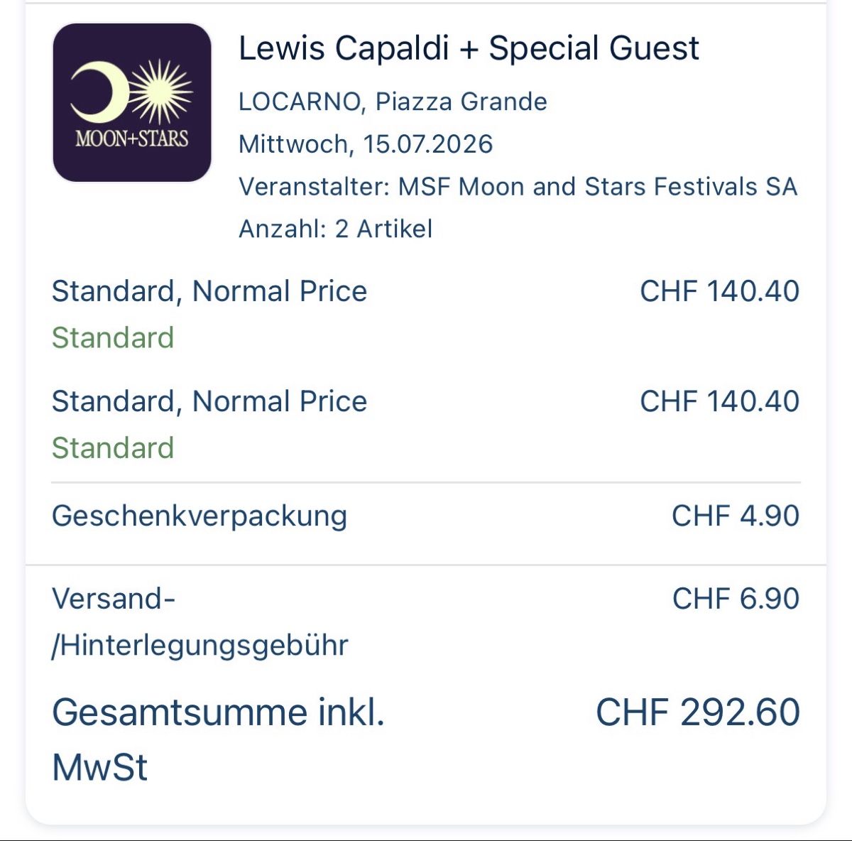 Biglietti: Lewis Capaldi 2 Tickets 15.07.2026 – Nuovo e nell'imballaggio originale da Kloten venduto da samihabibi