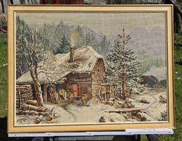 Altes Wandbild/Gobelin, Winterlandschaft mit Holzrahmen