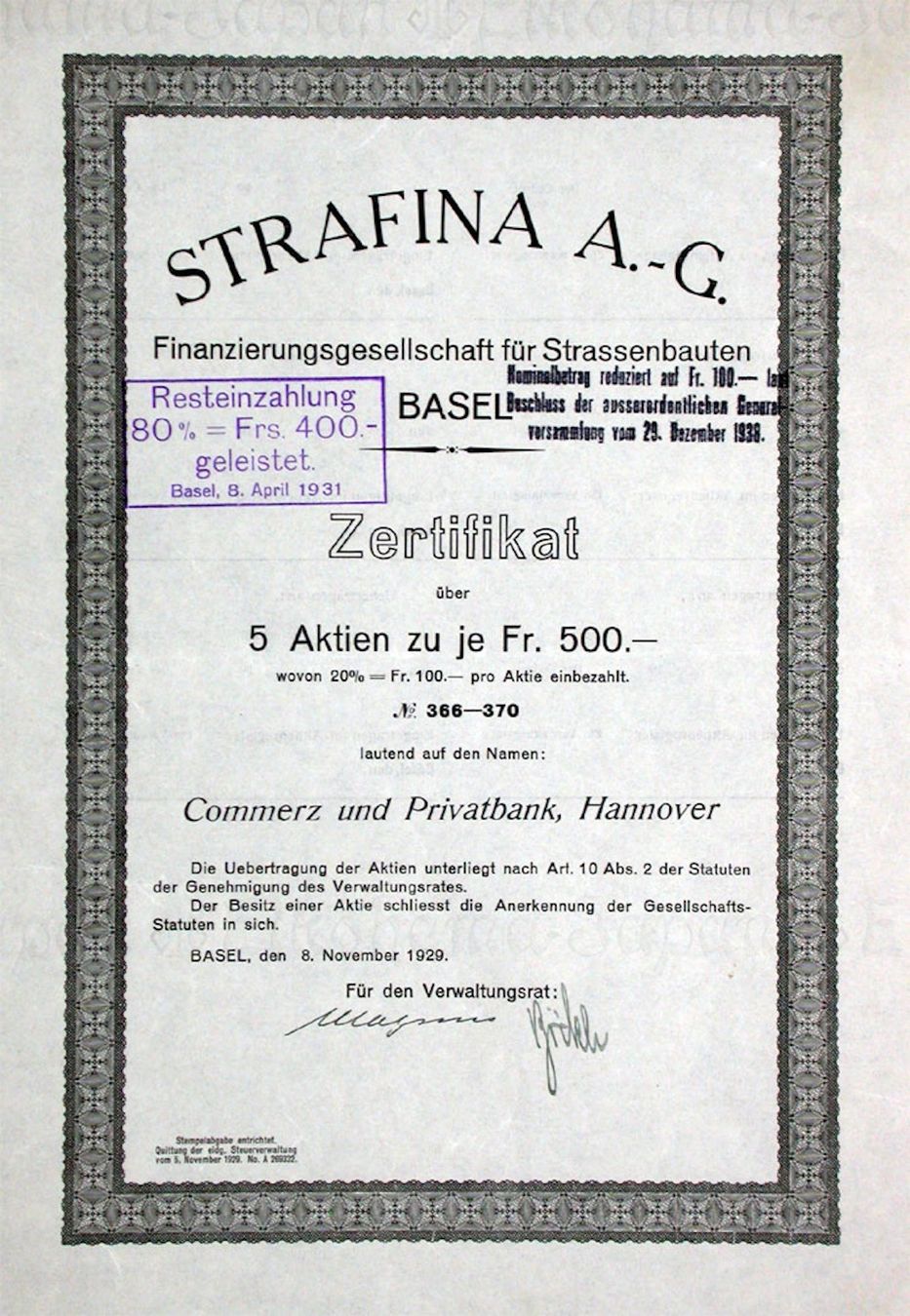 Documenti: Strafina AG, fèr Strassenbauten, Basel - 1929 – Usato da Solothurn venduto da Sgasche