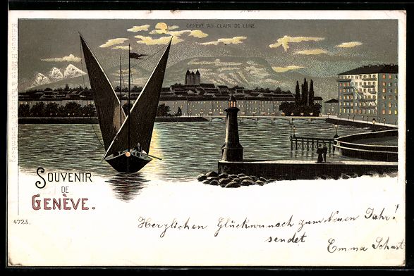 Cartoline postali: Lithographie Genève, Au clair de lune – Usato da Berlin venduto da bartko-reher