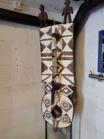 African Mask Sculpture with Figures wooden stand unique