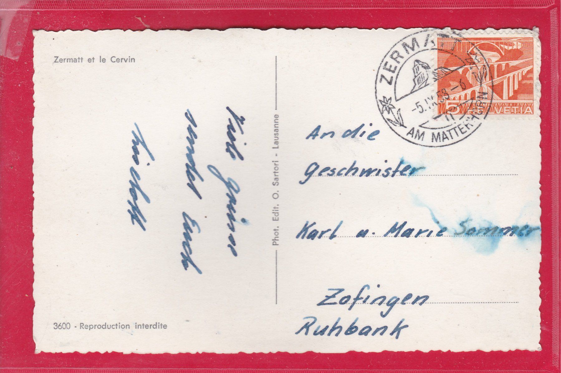 Cartoline postali: ZERMATT ET LE CERVIN, 5.9.1958 – Usato da Oberrieden venduto da Gebirgsstelze 1
