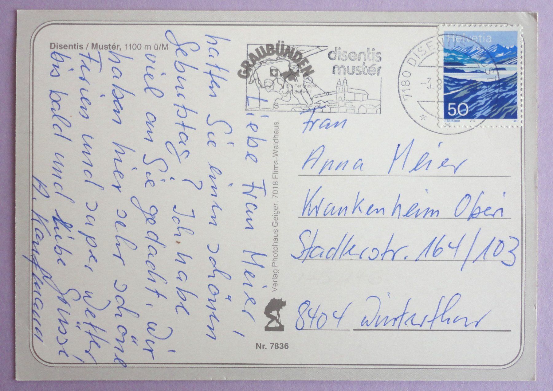 Ansichtskarten: Disentis / Mustér, 1100 m ü.M. – Gebraucht aus Fétigny von Billy2miny 1
