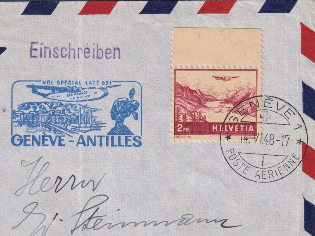 Tutti i francobolli: Vol spécial Genève - Antilles 1948 - Recommandé – Usato da Orvin venduto da Pyaeschli 1