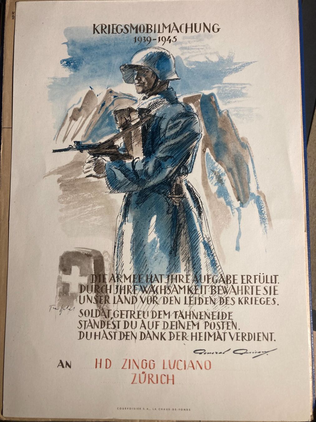 Dokumente: Schweiz Urkunde des Generals Dank Einsatz 2.Weltkrieg – Gebraucht aus Liestal von schnueps