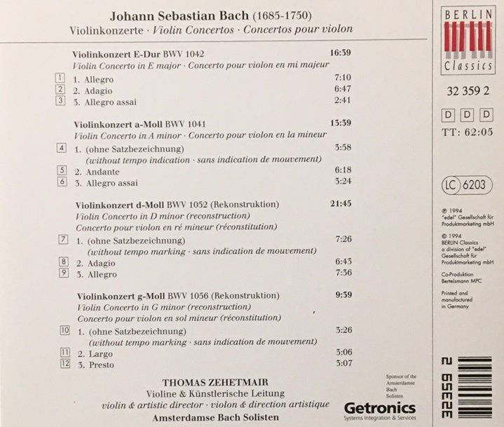 CDs: Thomas Zehetmair - Bach / Violin Concertos – Gebraucht aus Grüningen von azulamarillo 1