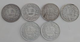 Lot 6 x Schweizer 1 Franken Muenzen ab 1899 alle Silber.