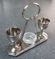 Jugendstil Eierbecher Ständer vernickelt, Salzbehälter Glas