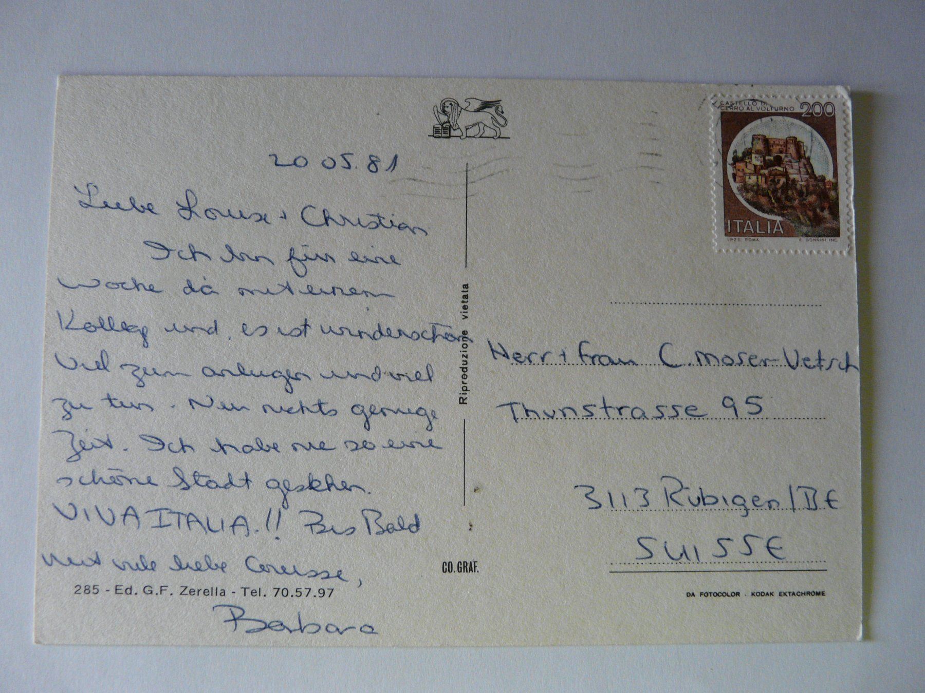 Cartoline postali: A.K. Venedig 1981;   Gelaufen – Usato da Grossaffoltern venduto da Prinzessin57 1