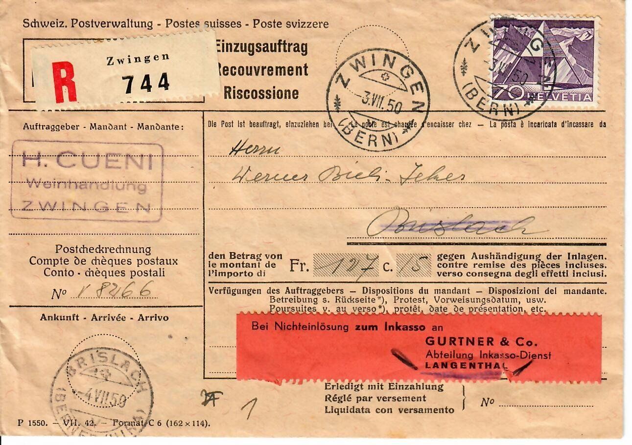 Alle Briefmarken: R - Brief Zwingen - Brislach 1950 – Gebraucht aus Hochdorf von Ziegel-16