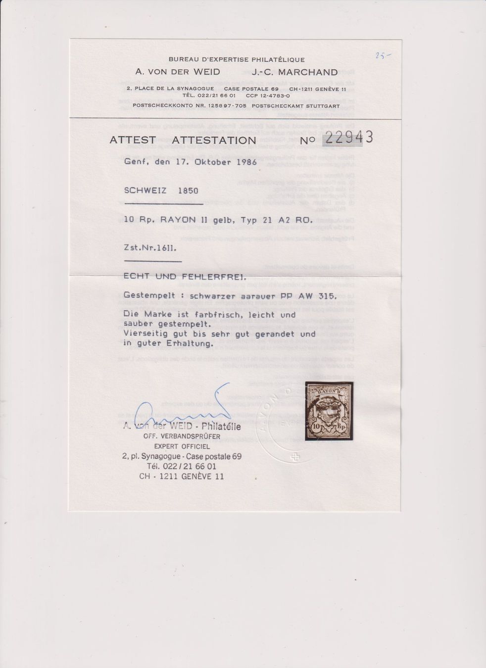 Tous les timbres: LUXUS Marke Attest v. d . Weid !! – D'occasion à Bibern SH par Heinibuehrer 1