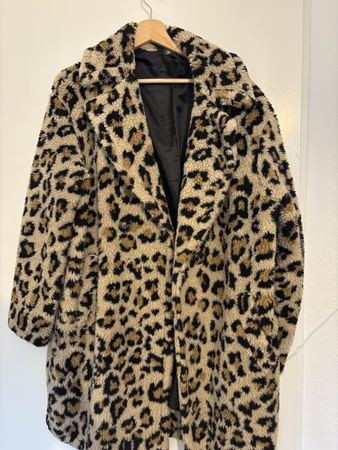Damen Mantel Leopardenmuster Plüsch beige schwarz Grösse L