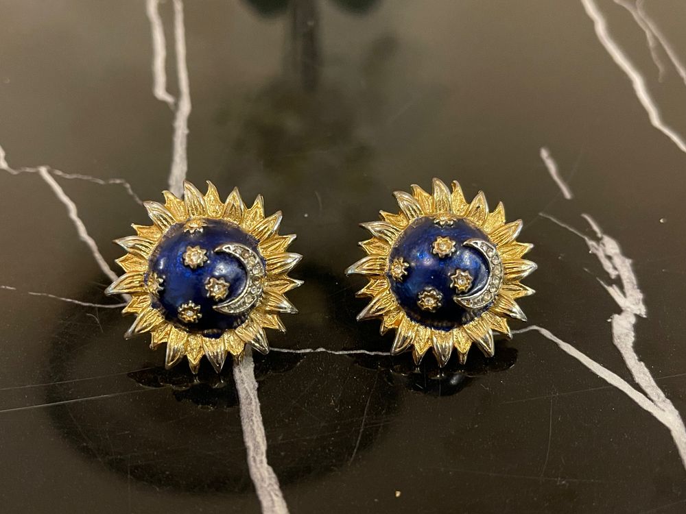 Boucles D'Oreilles Vintage à Clips - Marron Marbré Et Jaune - Occasion
