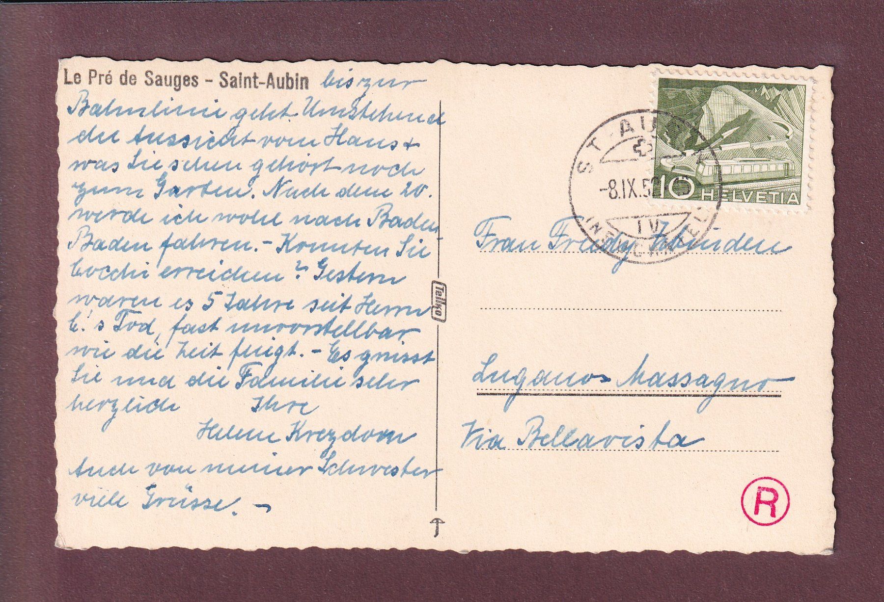 Cartes postales: SAINT-AUBIN - Pré de Sauges - 1952 – D'occasion à Pully par nicecards 1