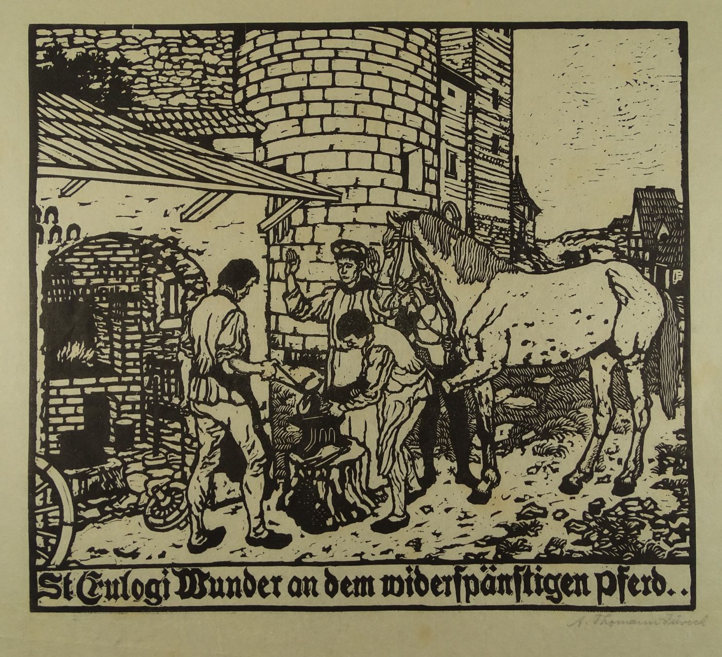 Xilografie: ST. EULOGIUS DER HUFSCHMID, ORIGINAL HOLZSCHNITT – Usato da Grüningen venduto da Kartensammler