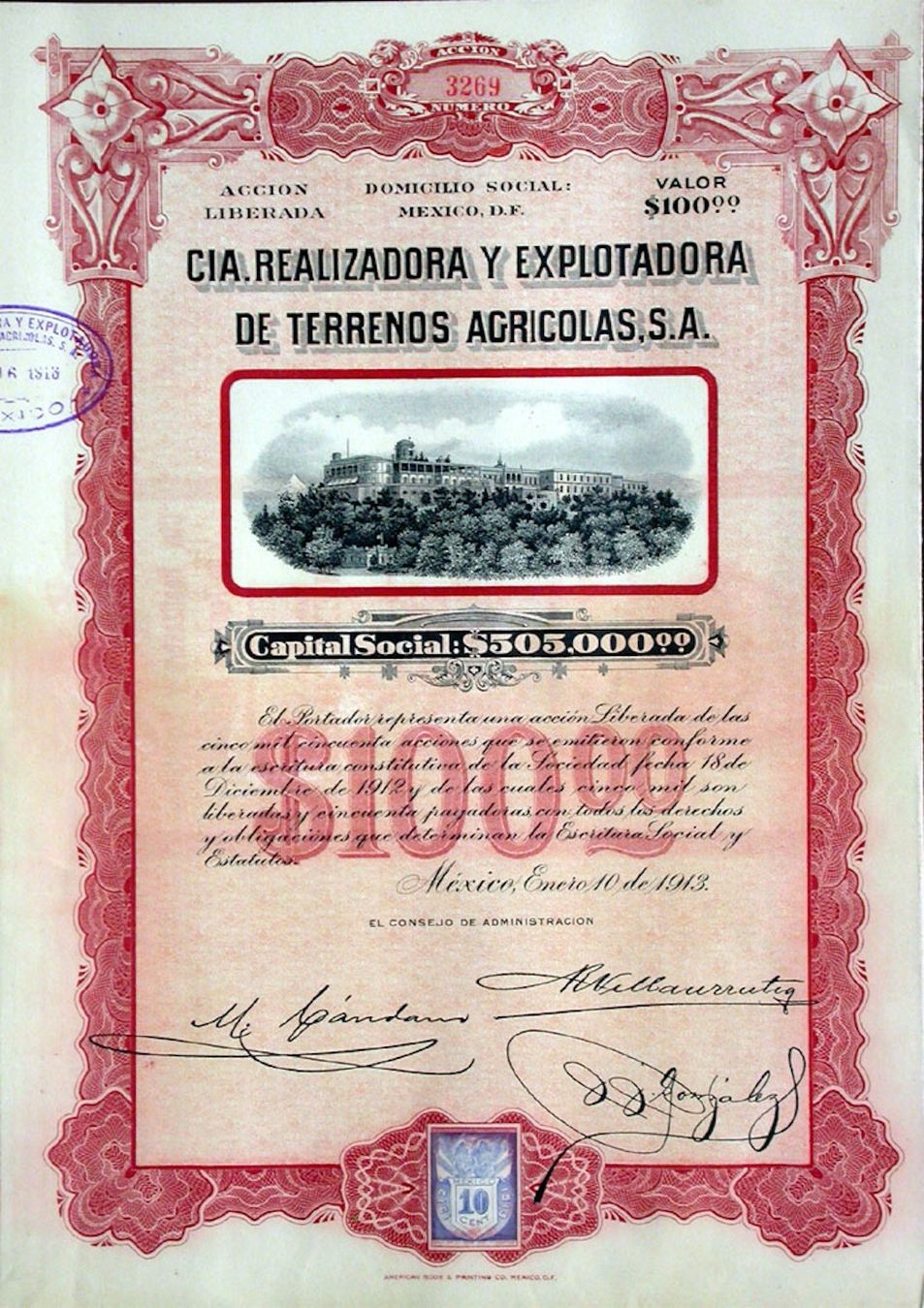 Documenti: Cia Realizadora y Eplotadora de Terrenos Agricolas - 1913 – Usato da Solothurn venduto da Sgasche